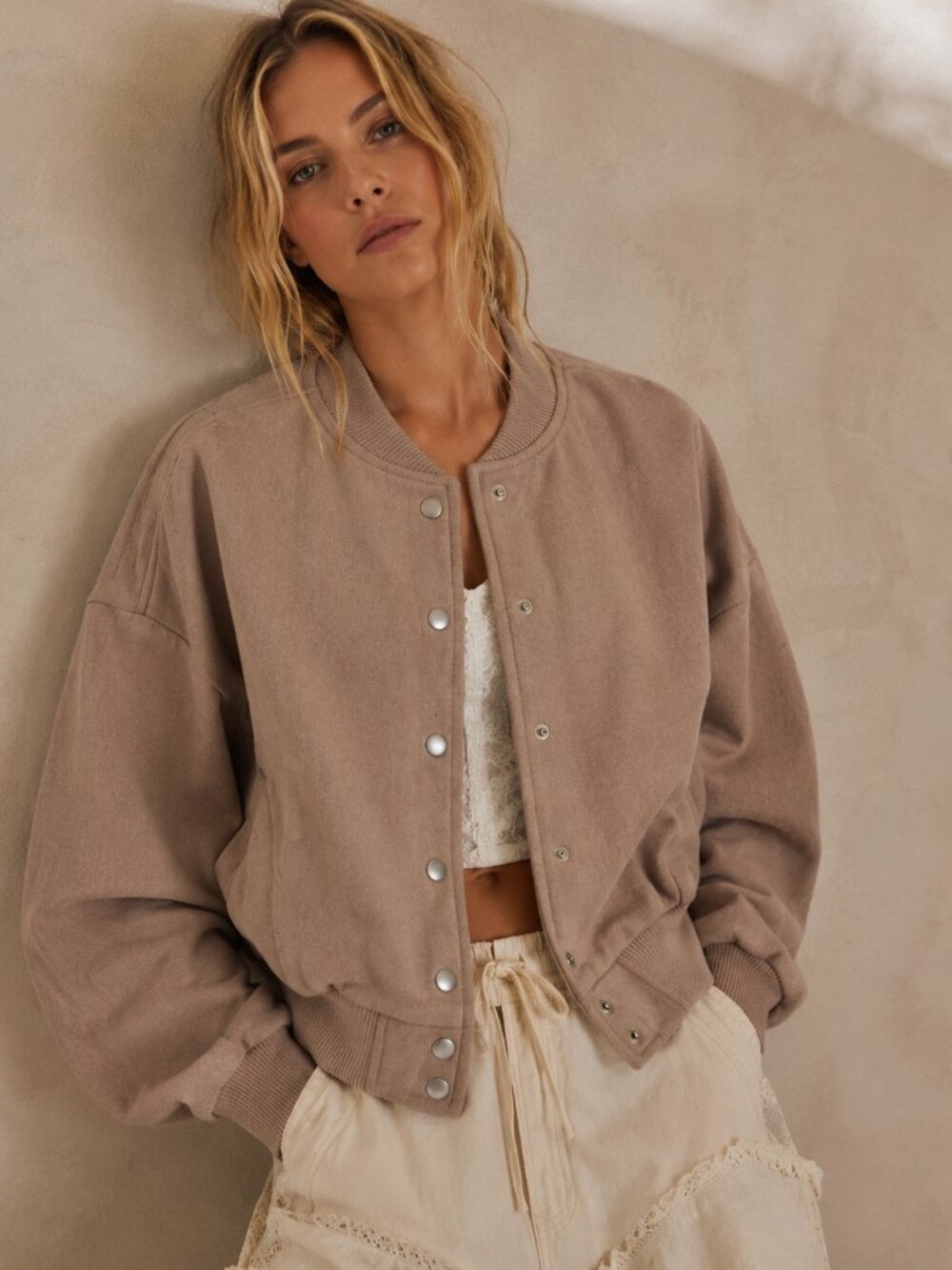 Beige Neutral Cotton Blend Cropped Bomber Jacket Coat Women size S